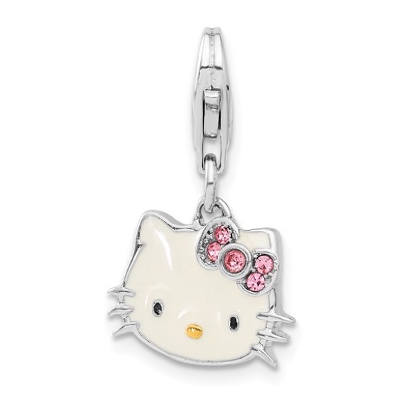 Sterling Silver Hello Kitty White Enamel and Crystal Lobster Clasp Charm - Picture 3 of 5